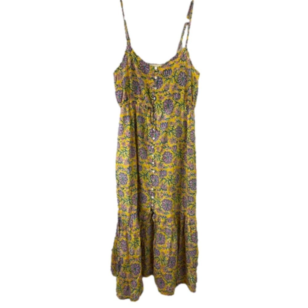 Cleobella mindy yellow floral midi dress tiered with sweatheart neckline size M